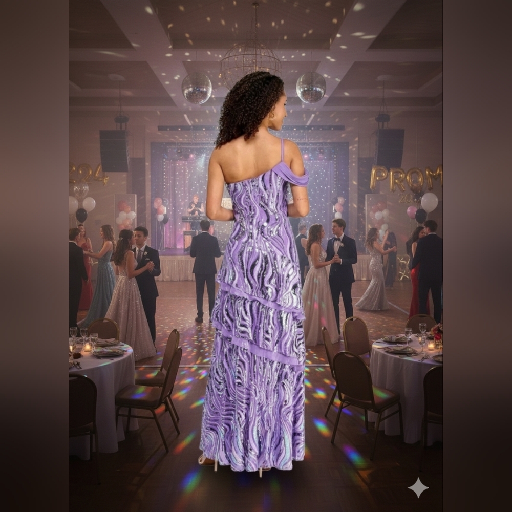 NWT Size 5 Morgan & Company Lavender Sequin Embellished Tiered Gown - Picture 4 of 7